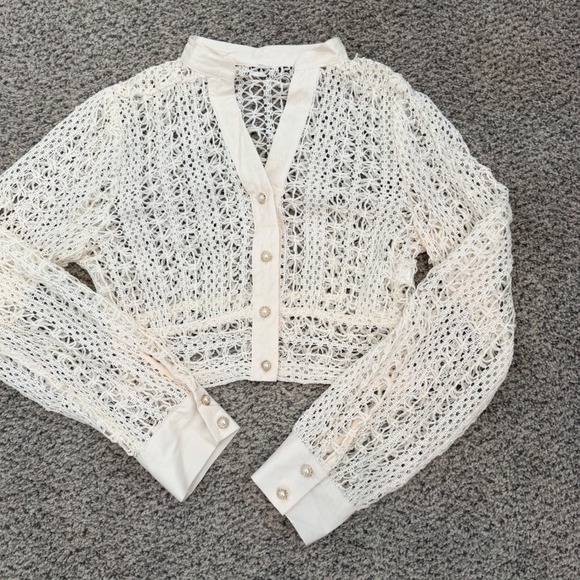 Sweaters - Cream Crochet Open Knit Cropped Cardigan Faux Pearl Buttons Ivory Large